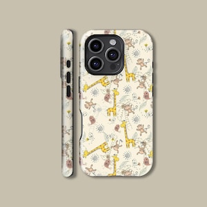 May include: A phone case with a playful safari animal design. The pattern includes giraffes, monkeys, and birds on a cream background. The case has a glossy finish and a protective bumper.