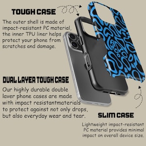May include: A phone case with a black and blue abstract design. The image shows the case in three parts: the outer shell, the inner liner, and the phone. Text on the image describes the case as a tough, dual-layer, and slim case.