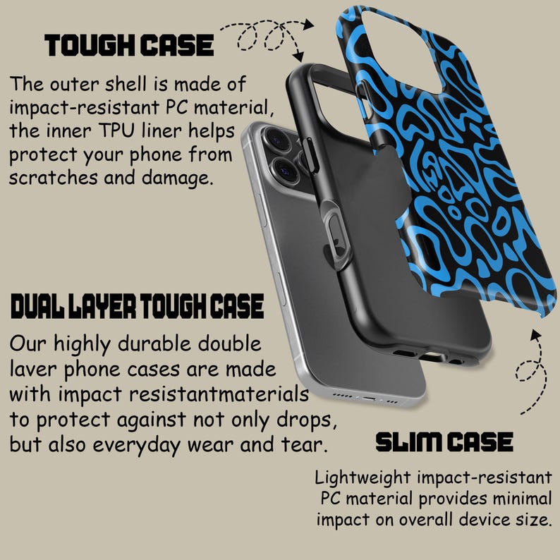May include: A phone case with a black and blue abstract design. The image shows the case in three parts: the outer shell, the inner liner, and the phone. Text on the image describes the case as a tough, dual-layer, and slim case.