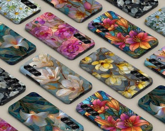 Gebrandschilderd glas bloemen ontwerp MagSafe telefoonhoesje voor iPhone 17 16 15 14 13 12 11 XS Pro Max, glas-in-lood bloem cover voor Samsung S25 Cover