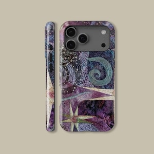 May include: A phone case with a vibrant, abstract design. The case features a mix of purple, blue, and white hues with swirling patterns, stars, and geometric shapes. The side of the case also has a matching design.