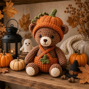 May include: A brown crocheted teddy bear wearing an orange pumpkin hat with a green stem and matching orange overalls featuring a small green leaf. The bear has a cream-colored muzzle, black eyes, and a stitched nose, sitting upright.