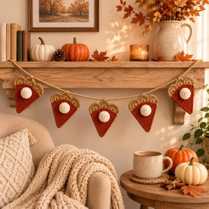 May include: A decorative garland featuring five crocheted triangular pie slices in rust orange with tan crust edges and a white circular dollop on each piece, all strung together on a thick, braided tan cord for seasonal home display.