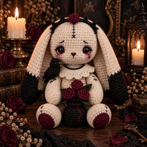 May include: A cream-colored crochet rabbit doll with long ears tipped in black, featuring a black crow perched on its shoulder, a ruffled collar, and a small black pot filled with three dark red roses held in its lap, accented with stitched details.