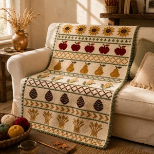 May include: A cream-colored crochet throw blanket featuring horizontal rows of harvest-themed motifs including sunflowers, red apples, yellow pears, corn cobs, brown pinecones, and wheat stalks, finished with a green scalloped border edge.