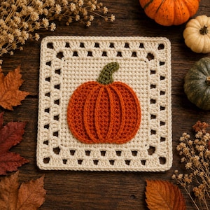Puede incluir: Un cuadrado de ganchillo tipo granny square con un borde color crema y un motivo central de calabaza naranja con un tallo verde. La calabaza presenta nervaduras verticales texturizadas y está centrada en el cuadrado de tejido de ganchillo.