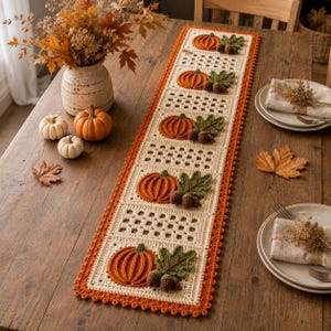 Puede incluir: Un camino de mesa rectangular de ganchillo con un patrón repetitivo de cuadrados color crema con calabazas naranjas, hojas verdes y bellotas marrones. El camino tiene un borde naranja festoneado y se exhibe sobre una mesa de madera.