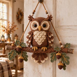 Virkat ugglemönster, vägghängare med skogsuggla, amigurumi-grendekor, eklöv-ekollonhängare, höstheminredning, PDF direktnedladdning