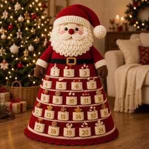 May include: A large, crocheted Santa Claus figure serving as an advent calendar. The figure wears a red hat and coat with a white beard and trim. The coat features twenty-four small, cream-colored pockets, each embroidered with a number and decorated with a tiny crocheted holiday ornament like a candy cane, gingerbread man, or snowflake.
