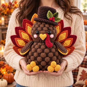 Peut inclure: Une peluche dinde au crochet avec un corps marron foncé, un bec jaune, une caroncule rouge et une queue en éventail aux couches rouges, orange et jaunes. La dinde porte un haut-de-forme marron foncé orné de feuilles vertes et de baies rouges.