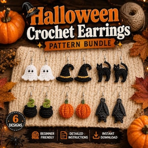 Puede incluir: Un conjunto de seis pares de pendientes de ganchillo con temática de Halloween que incluyen fantasmas blancos, sombreros de bruja negros, gatos negros, serpientes verdes en calderos, calabazas naranjas y murciélagos negros con ganchos.