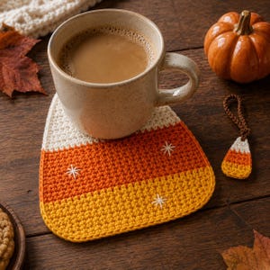 May include: A triangular crochet coaster featuring horizontal stripes of white, orange, and yellow, accented with small white embroidered star details. A matching miniature candy corn keychain and a ceramic mug filled with coffee sit nearby.