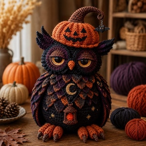 May include: A crocheted owl figurine featuring dark purple and black plumage, wearing an orange pumpkin hat with a jack-o'-lantern face and a small bat charm. The owl has large yellow eyes, an orange beak, and holds a small lantern and crescent moon.