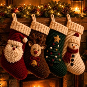 Può includere: Quattro calze natalizie all'uncinetto con polsini a coste. La prima è rossa con un volto di Babbo Natale, la seconda marrone con una renna e una campanella, la terza verde con un albero di Natale e una stella, la quarta color crema con un pupazzo di neve.