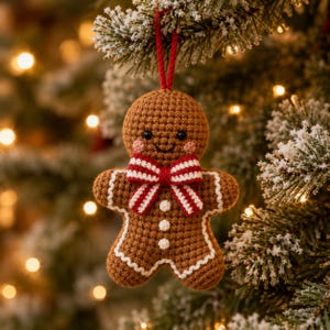 Könnte beinhalten: Ein braunes, gehäkeltes Lebkuchenmännchen-Ornament mit einer rot-weiß gestreiften Schleife am Hals, drei kleinen weißen Knöpfen am Oberkörper, weißem Wellenrand an den Gliedmaßen und einer roten Aufhängeschlaufe am Kopf.