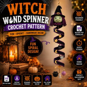 May include: A crochet witch wind spinner pattern featuring a green-faced witch with a black hat and purple hair. The spiral design includes black and purple stripes with yellow moons, stars, a black cat, a white spiderweb, a cauldron, and a ball.