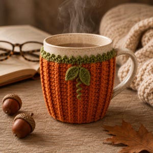 Peut inclure: Une tasse en céramique mouchetée dotée d'une housse en crochet orange côtelé avec un motif de feuilles et de vrilles vertes. La tasse contient une boisson chaude fumante et est accompagnée de deux glands et d'une feuille d'érable séchée.