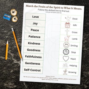 May include: A worksheet titled "Match the Fruits of the Spirit to What It Means" with a matching exercise. Includes a blue pencil sharpener, two pencils, and pencil shavings. The text encourages coloring.