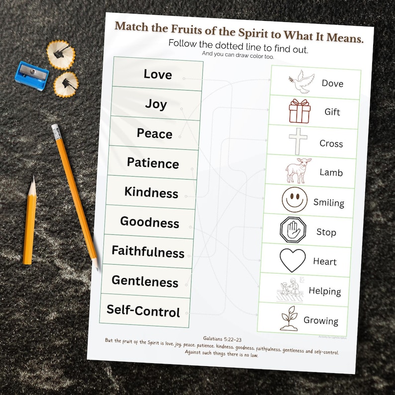 May include: A worksheet titled "Match the Fruits of the Spirit to What It Means" with a matching exercise. Includes a blue pencil sharpener, two pencils, and pencil shavings. The text encourages coloring.