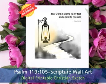 Psalm 119:105 Scripture Wall Art – Digital Printable Christian Sketch  |  “Lamp to My Feet” Watercolor Bible Verse Square Print