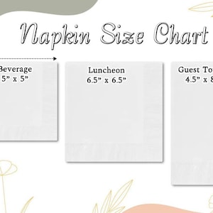 May include: A white napkin size chart with three different napkin sizes: Beverage (5" x 5"), Luncheon (6.5" x 6.5"), and Guest Towel (4.5" x 8"). The text "Napkin Size Chart" is at the top. The image has a decorative floral design.