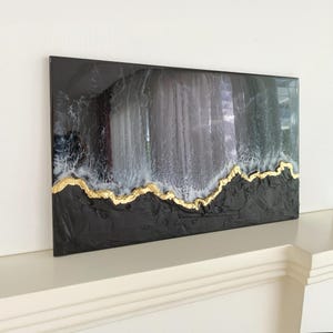 Black and Gold Epoxy Resin Wall Art with Bas Relief Beach,  Modern Luxury Abstract Decor, Gloss Finish Home or Office Art