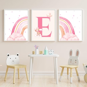 Watercolor Rainbow Personalized Name Sign Wall Art,Set of 3,Pastel Rainbow Printable,Colorful Wall Art,Bear Kids Room ,Pink Girls Room