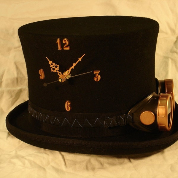 Instant Steampunk - Tick-Tock Top Hat and Goggles - working clock in a Medium wool top hat