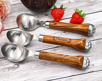 Colher de sorvete personalizada com cabo de madeira - aço inoxidável 304 - Presente para a cozinha - Presente para inauguração de casa - Presente de aniversário - Presente para festa de verão