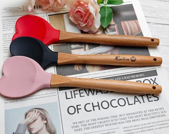 Personalized silicone scraper with carved wooden handle - a custom baking tool, housewarming kitchen gift, or a gift for mom