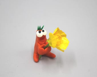 Handmade Baked Clay Goofy Goober Alien Monster Orange Flower Holder 1" Anniversary Gift Sappy Funny