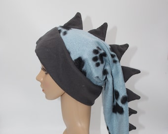 Dragon Dinosaur Tail Blue Black Paw Prints Tassels Winter Fleece Ski Snowboarding Hat Scarf Spikes