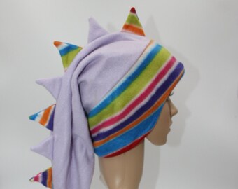 Dragon Dinosaur Tail Pastel Purple STRIPES Colorful Tassels Winter Fleece Ski Snowboarding Hat Scarf Spikes