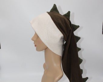 Super-Duper Long Dragon Dinosaur Tail Solid Green Ivory Brown Solid Winter Fleece Ski Snowboarding Hat Scarf Spikes