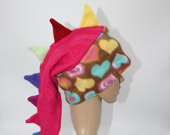 Dragon Dinosaur Tail Pink Brown Hearts Rainbow Colorful Winter Fleece Ski Snowboarding Hat Scarf Spikes