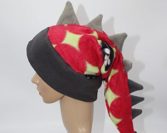 Dragon Dinosaur Tail Red Gray Green Flowers Polka Dots Winter Fleece Ski Snowboarding Hat Scarf Spikes