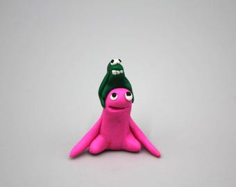 Handmade Baked Clay Goofy Goober Alien Monster 1.5" Pink Green Dude Sitting on Another Dude's Head Cute Desperate Best Friends