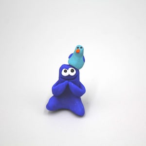 Handmade Baked Clay Goofy Goober Alien Monster Blue Dude with Bird Sitting on Head Poop Beach Friend Cute Funny Booger Figure