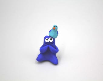 Handmade Baked Clay Goofy Goober Alien Monster Blue Dude with Bird Sitting on Head Poop Beach Friend Cute Funny Booger Figure