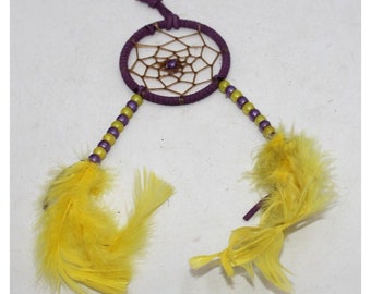 Leather Dreamcatcher 4x9" Yellow Purple Retro Hippie Boho Feathers Handmade