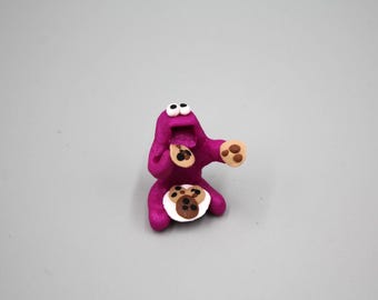 Handmade Baked Clay Goofy Goober Alien Monster Cookie Eating Plate Pink Mouth Open Yum Yummy 1.25"