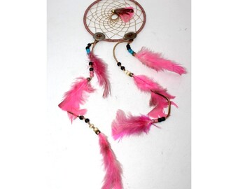 Leather Dreamcatcher 6x20" Pink Retro Hippie Boho Feathers Brown Handmade Concho