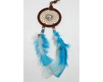 Leather Dreamcatcher 10" White Blue Retro Hippie Boho Feathers Brown Handmade