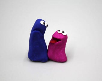 Handmade Baked Clay Goofy Goober Alien Monster 1.25" Blue Pink Couple Anniversary Sidelong Glances Adoring Adorable Dating Cute
