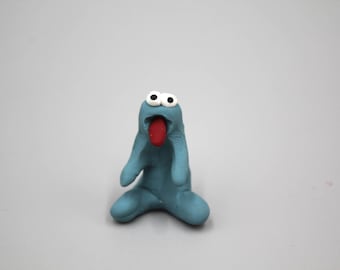 Handmade Baked Clay Goofy Goober Alien Monster Panting Blue Exhausted Mouth Open Overwhelmed 1.25"