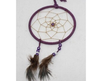 Leather Dreamcatcher 5x10" Purple Brown Retro Hippie Boho Feathers Handmade