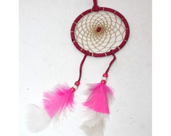 Leather Dreamcatcher 4x11" Pink White Retro Hippie Boho Feathers Handmade