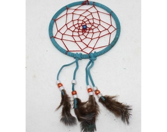 Leather Dreamcatcher 5x11" Blue Red Brown Retro Hippie Boho Feathers Handmade