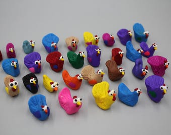 Lot of 10 Handmade Baked Clay Chickens Chick Funny Figure Figurines Tiny Colorful Cute Farm Homestead Hoard 1" Flock