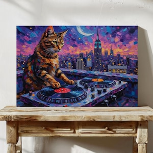Cat DJ Canvas Print City Skyline Art City Painting Funny Art Funny Painting Cute Cat Art Cat Painting Funny Kitten DJ Gift City Cat